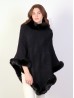 Solid Color Knitted Poncho W/ Fur Collar & Trim